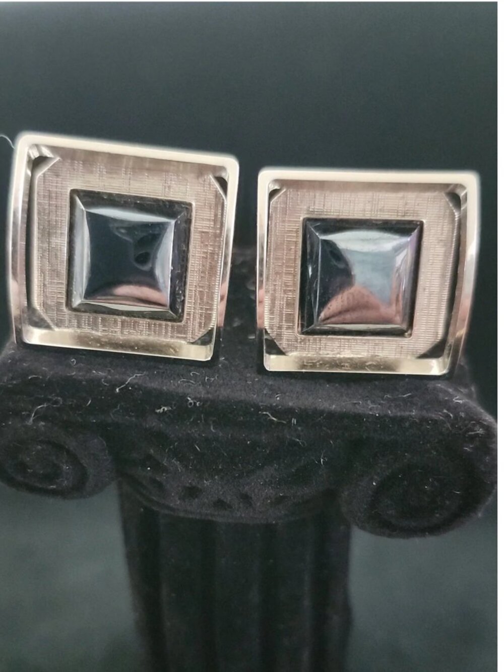 Mid Century Geometric Hematite & Silver Tone 3D Trim Cufflinks